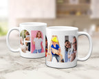 Two white ceramic mugs with custom printed family photos within the letters spelling 'GRANDAD' arranged on a light marble surface against a blurred kitchen background.