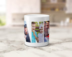 A white ceramic mug with a custom photo collage within the letters spelling 'GRANDAD', set on a light marble countertop with a blurred kitchen background.