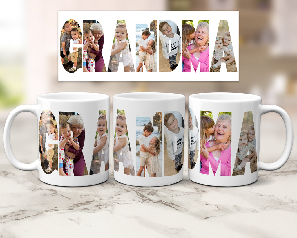 Three white ceramic mugs with custom family photo lettering spelling 'GRANDMA', shown alongside a matching top-down view of the printed design on a light marble surface.