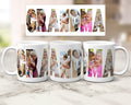 Three white ceramic mugs with custom family photo lettering spelling 'GRANDMA', shown alongside a matching top-down view of the printed design on a light marble surface.