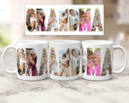 Three white ceramic mugs with custom family photo lettering spelling 'GRANDMA', shown alongside a matching top-down view of the printed design on a light marble surface.