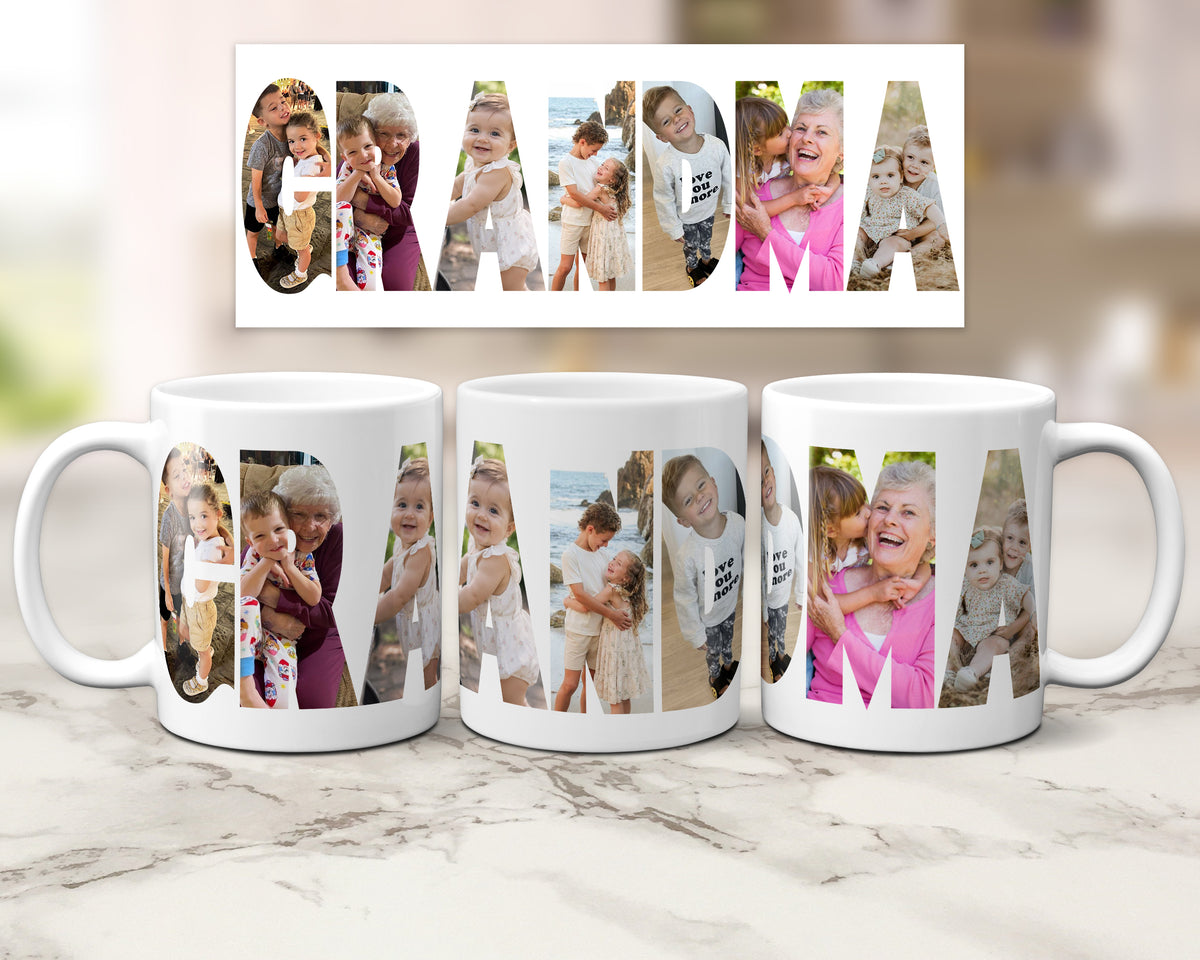 Three white ceramic mugs with custom family photo lettering spelling 'GRANDMA', shown alongside a matching top-down view of the printed design on a light marble surface.