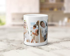 A white ceramic mug featuring a custom multi photo collage print within lettering spelling 'GRANDMA', displayed on a light marble countertop with a blurred kitchen background.