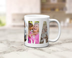 A white ceramic coffee mug with a custom photo filled design spelling 'GRANDMA' in large letters, shown on a light marble countertop with a blurred kitchen background.