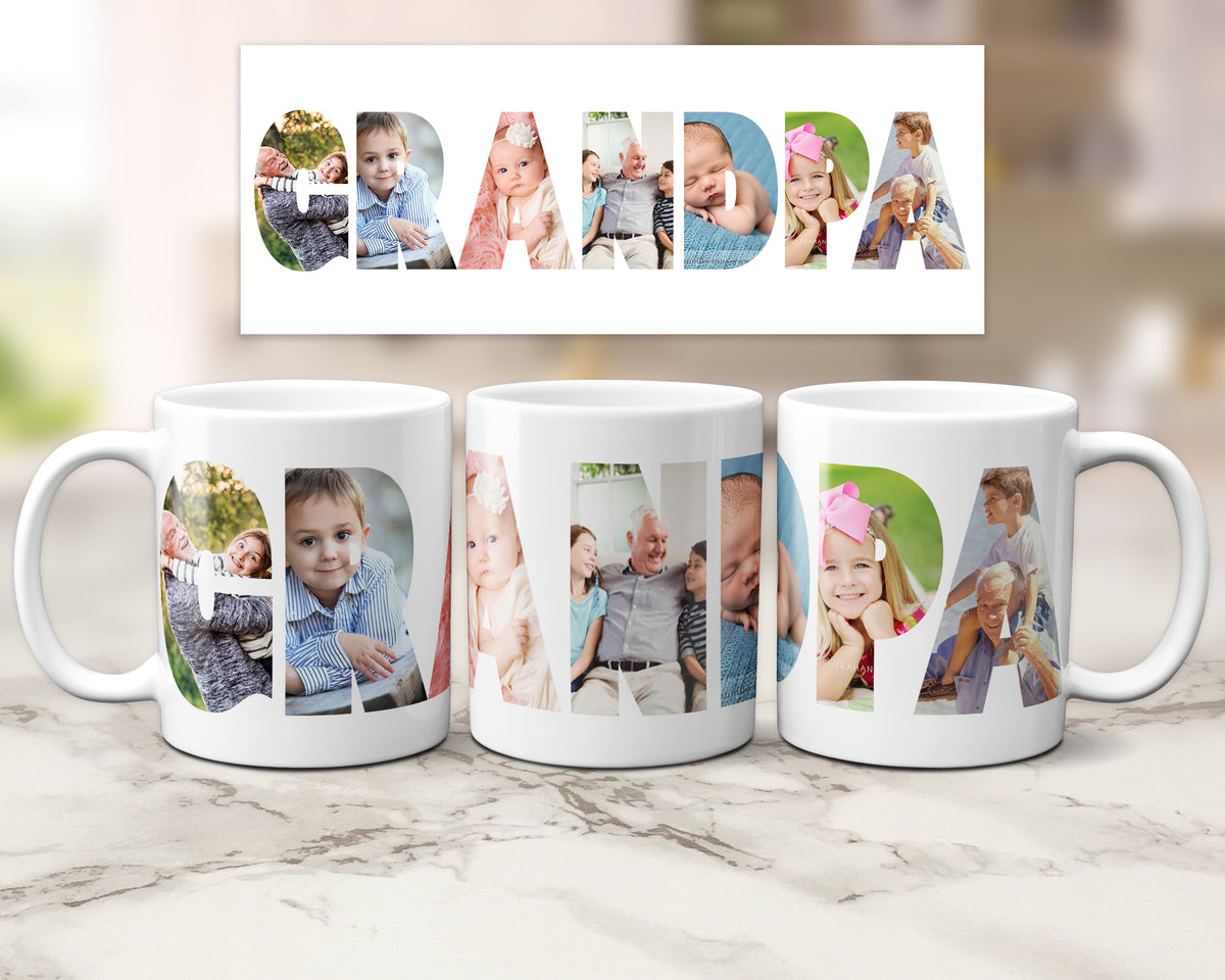 Three white ceramic mugs with custom photo filled letters spelling 'GRANDPA' are displayed on a marble surface, with a matching letter print sheet shown above them against a blurred kitchen background.