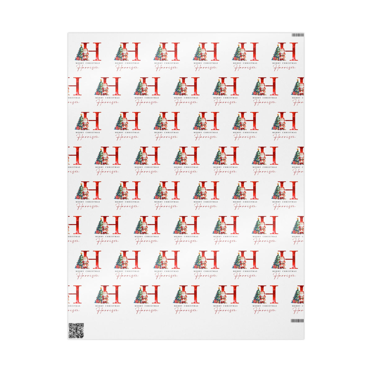 A sheet of wrapping paper featuring a repeating pattern of a large red letter H decorated with a Christmas tree, alongside the name 'Hannah' in red script, on a white background.