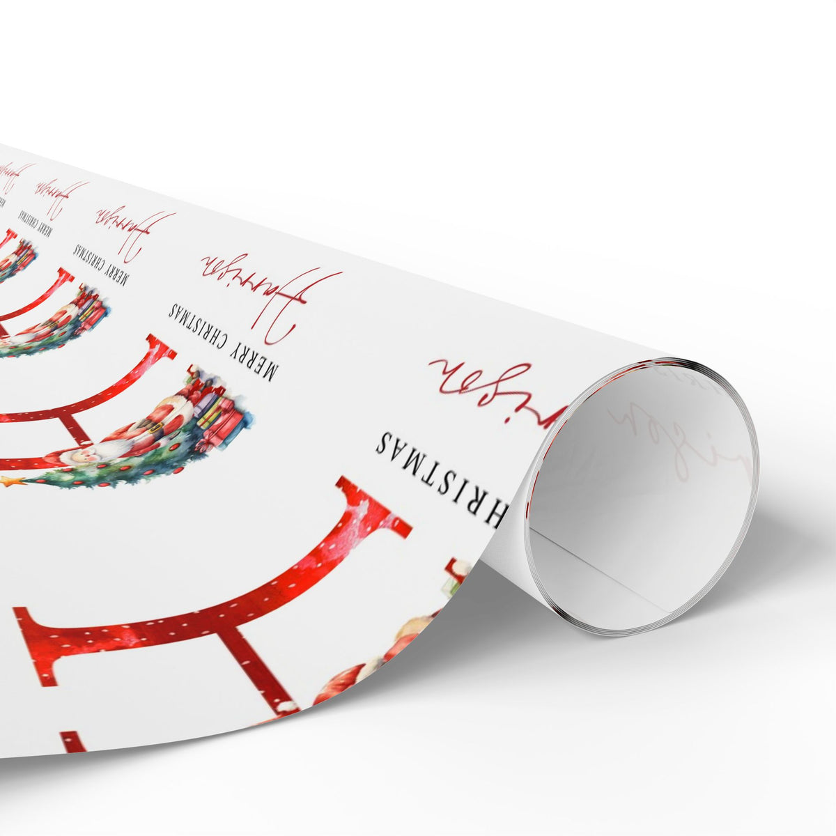 A roll of wrapping paper with a festive Christmas design, featuring a large red letter 'H' with watercolor holiday decorations, red script text, and black 'CHRISTMAS' text on a white background.