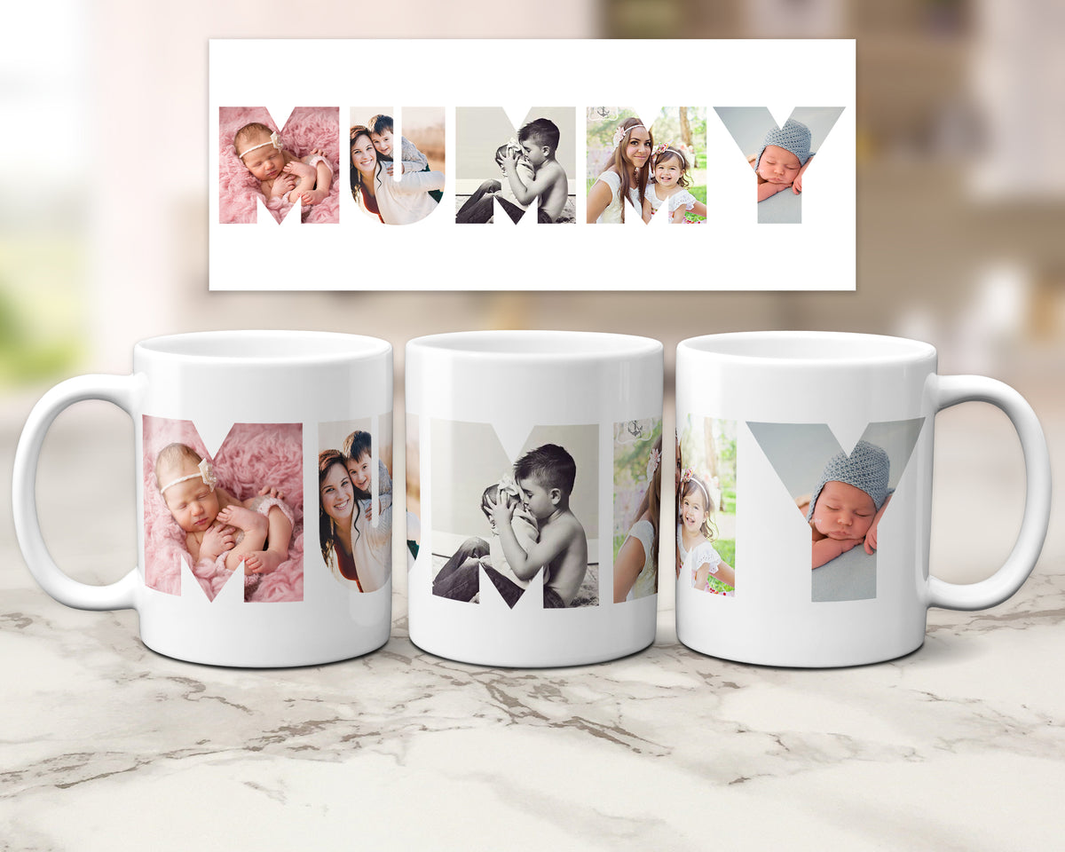 Three ceramic mugs with family photos within large letters spelling MUMMY.