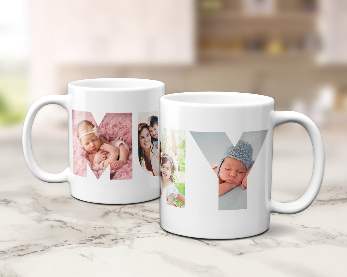 Two ceramic mugs with family photos within the letters spelling MUMMY.