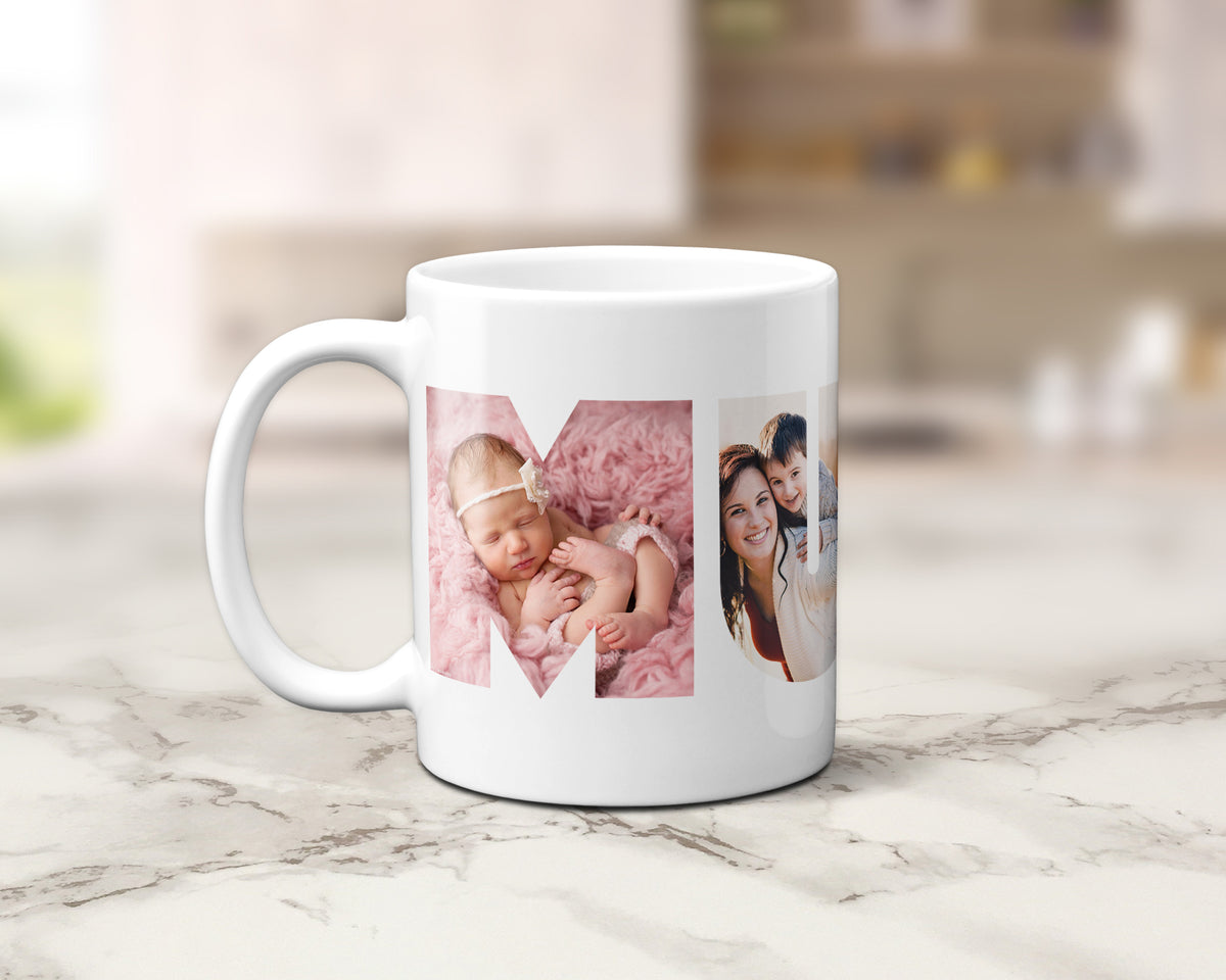 A ceramic mug with family photos within the letters spelling MUMMY.