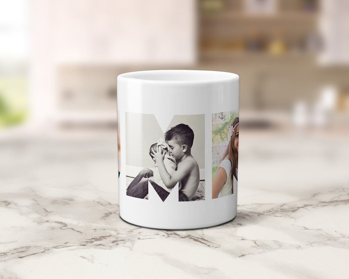 A ceramic mug with family photos within the letters spelling MUMMY.