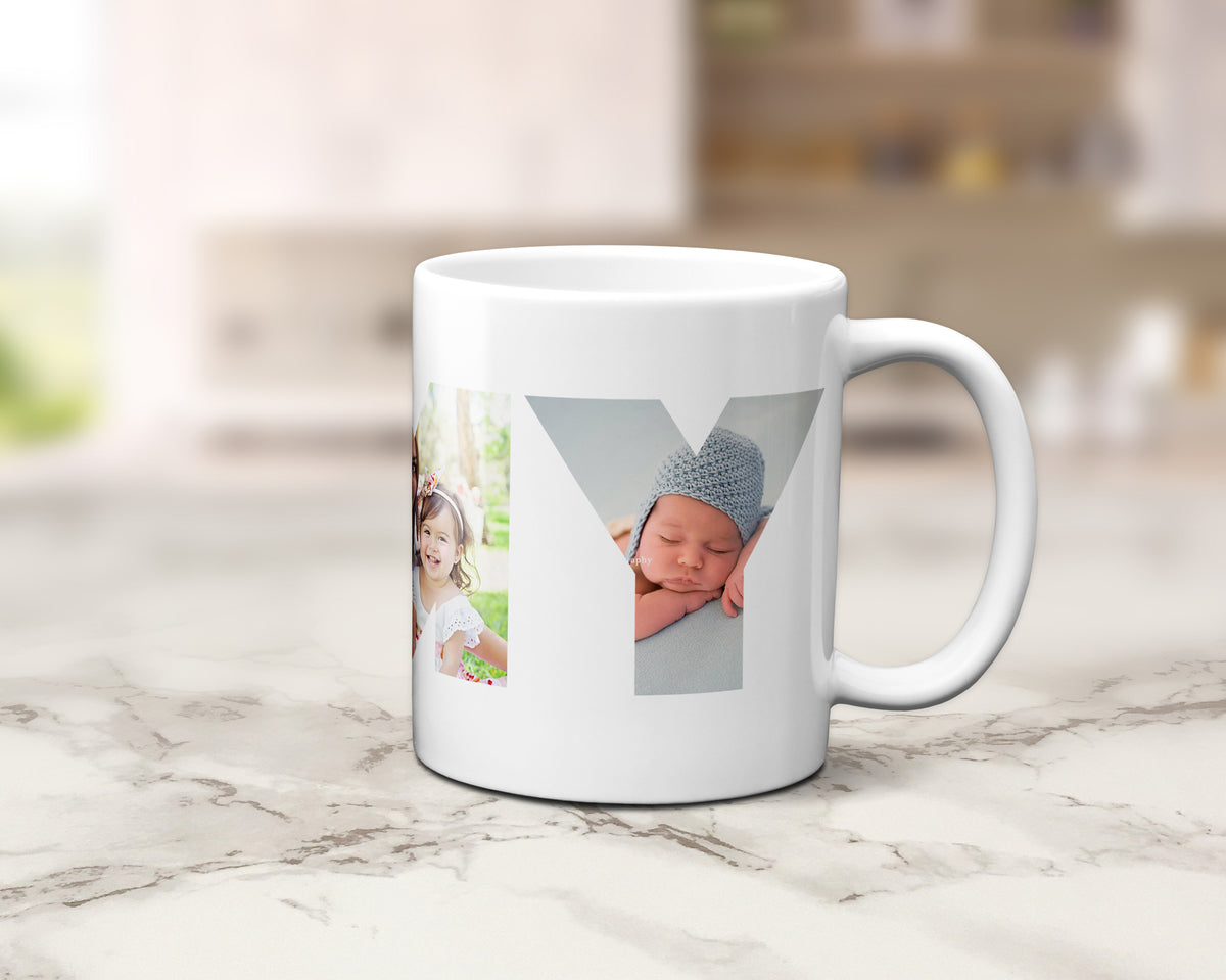 A ceramic mug with family photos within the letters spelling MUMMY.