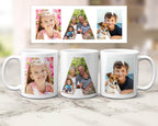 Three ceramic mugs with family photos within the letters spelling NAN.