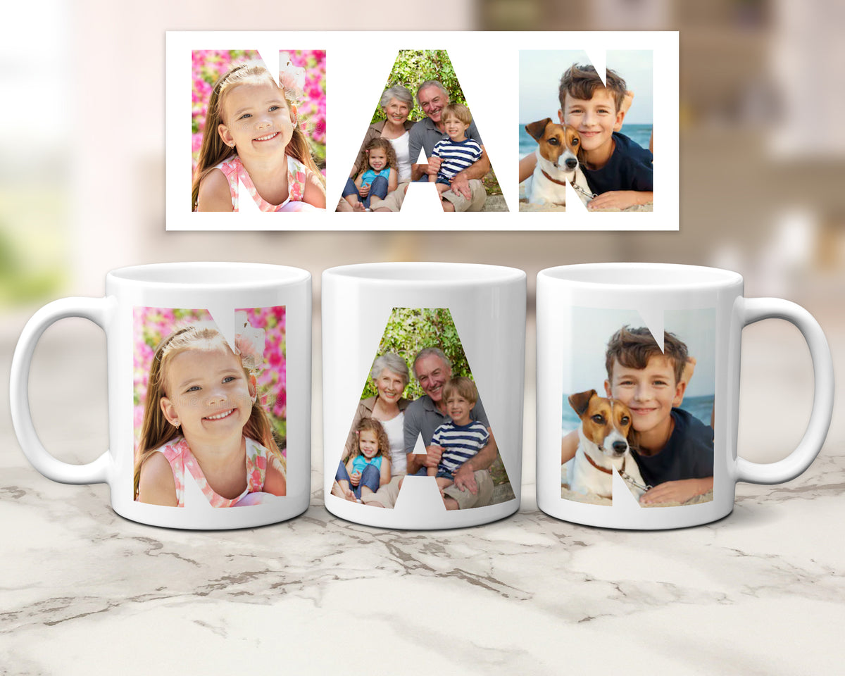 Three ceramic mugs with family photos within the letters spelling NAN.
