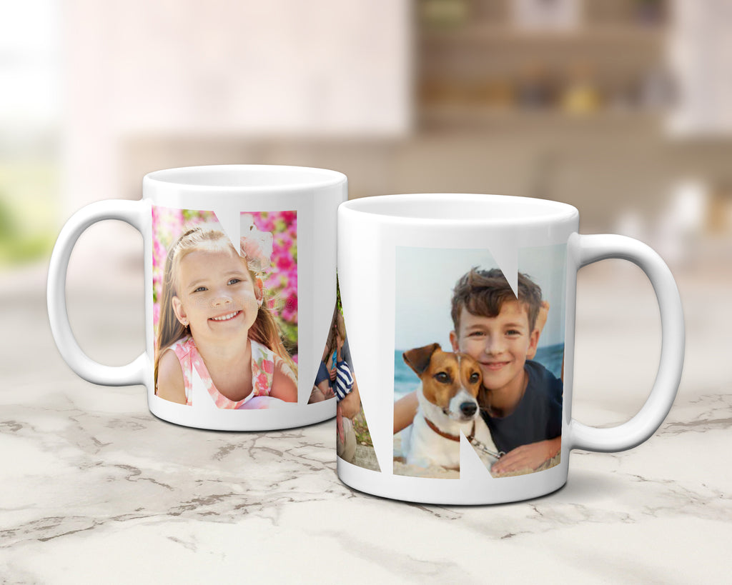 Two ceramic mugs with family photos within the letters spelling NAN.