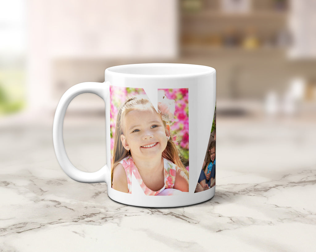 A ceramic mug with family photos within the letters spelling NAN.