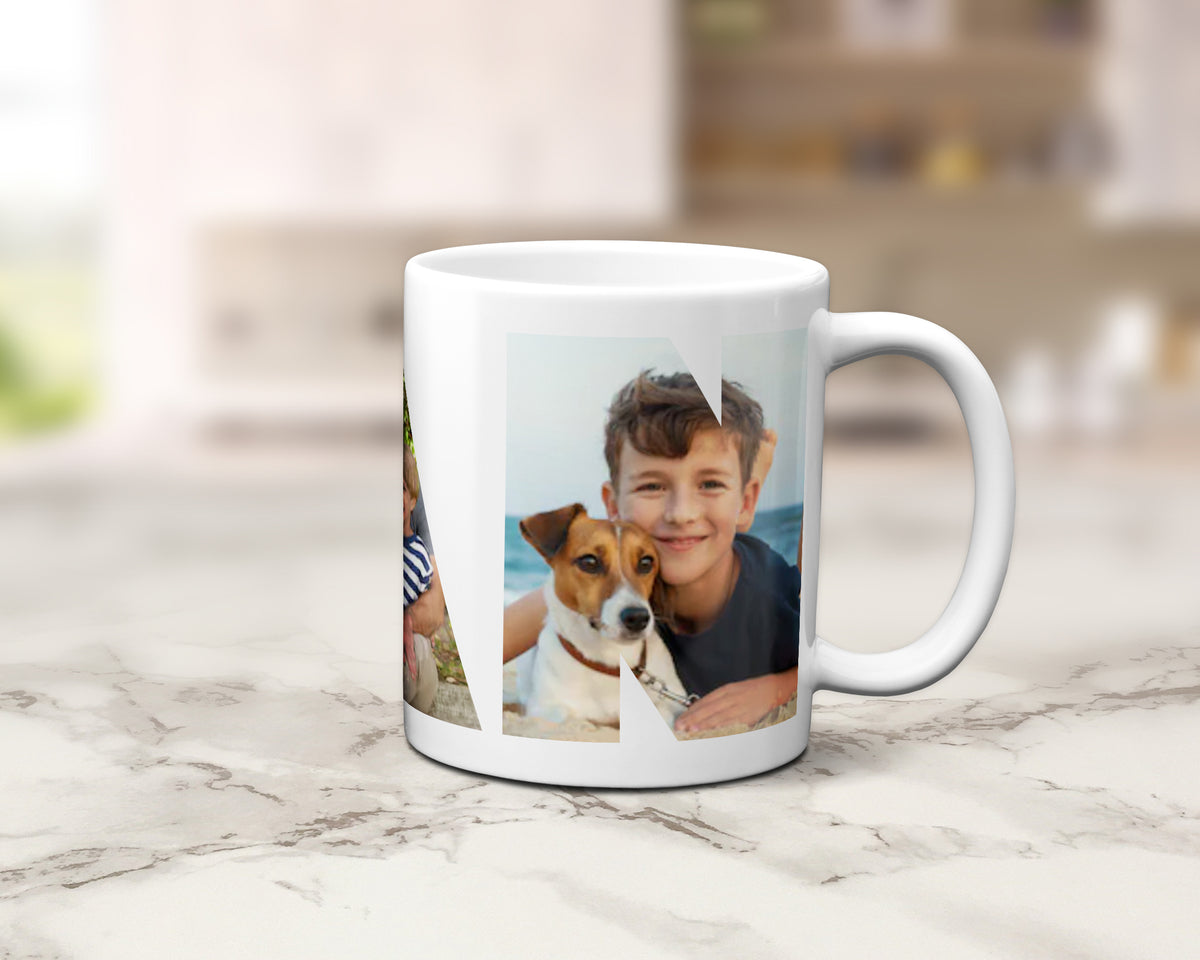 A ceramic mug with family photos within the letters spelling NAN.