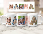 Three white ceramic mugs with custom photo filled letters spelling NANNA are displayed on a light marble surface, with a matching letter print preview above them.