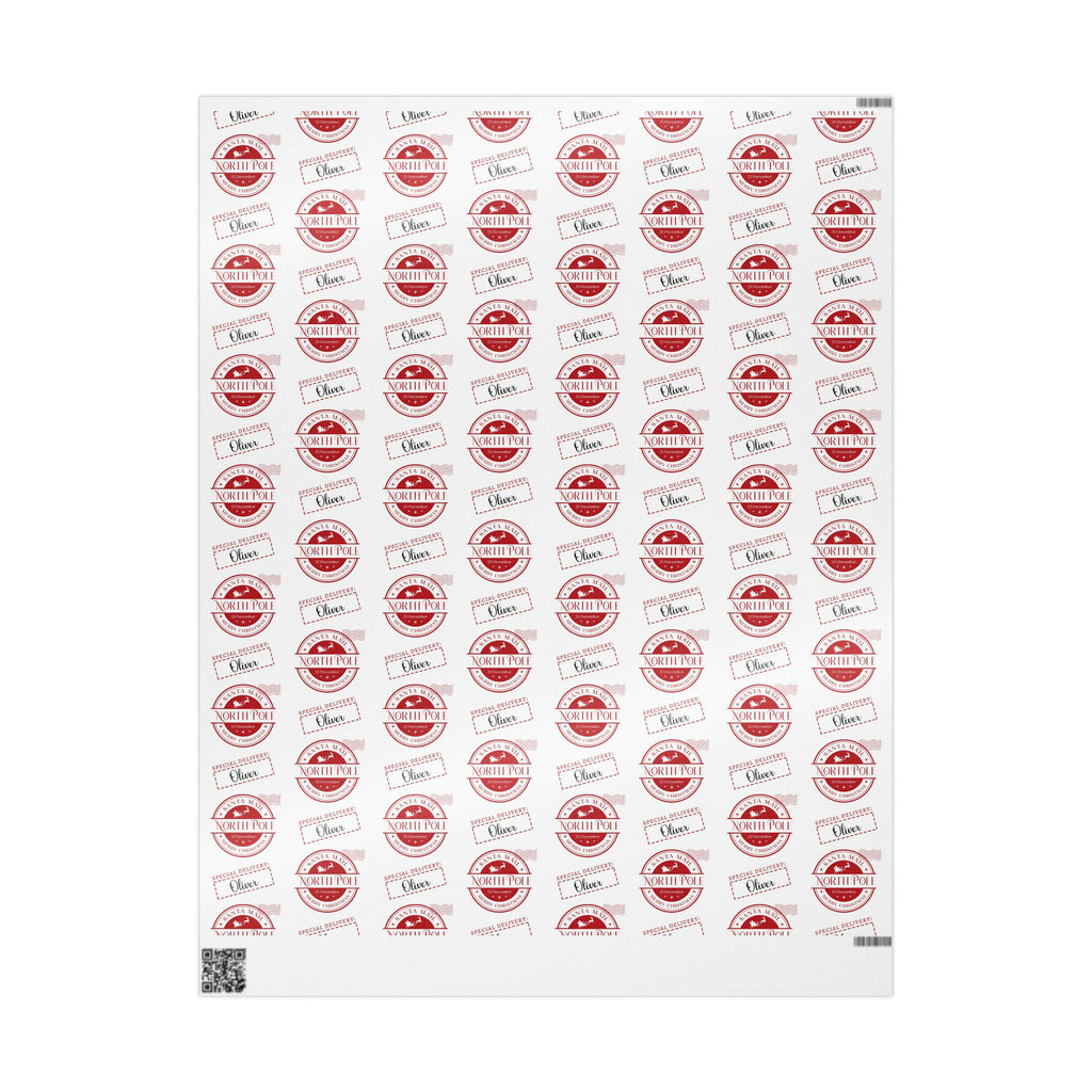 A sheet of custom wrapping paper with Christmas stamp design with 'Oliver' text, displayed on a clean white background.