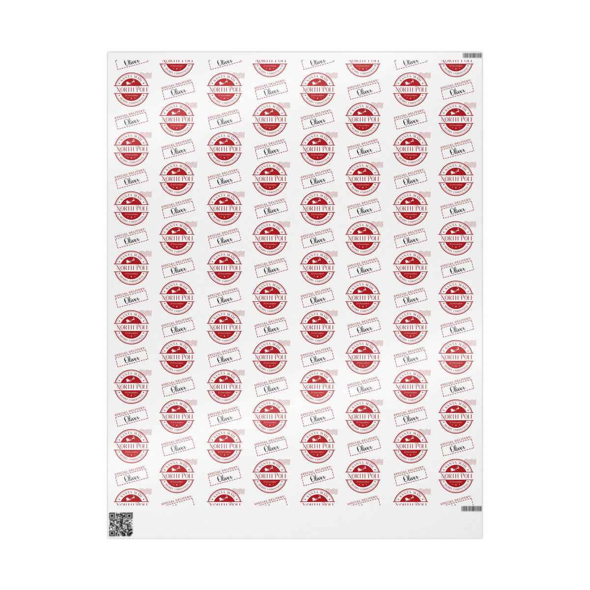 A sheet of custom wrapping paper with Christmas stamp design with 'Oliver' text, displayed on a clean white background.
