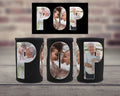 Three black can coolers arranged on a wooden surface with a blurred brick wall background. Above them is a black square template showing the letters 'POP' filled with family photos.