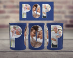 Three navy blue photo can coolers arranged on a wooden surface with a blurred brick wall background. Above them is a matching blue rectangular template showing the layout for custom family photos.