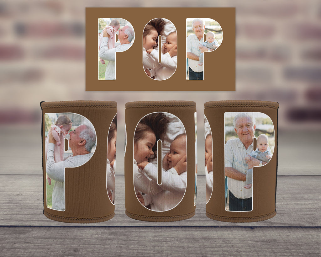 A set of three can coolers with lettering spelling 'POP' with family photos within them, shown on a wooden surface with a blurred brick wall background.