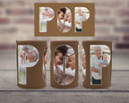 A set of three can coolers with lettering spelling 'POP' with family photos within them, shown on a wooden surface with a blurred brick wall background.