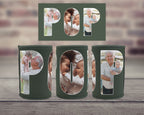Three dark green photo can coolers on a wooden surface, with a matching rectangular cooler cover above them. Each cooler and cover feature large text spelling POP filled with family photos, set against a blurred brick wall background.