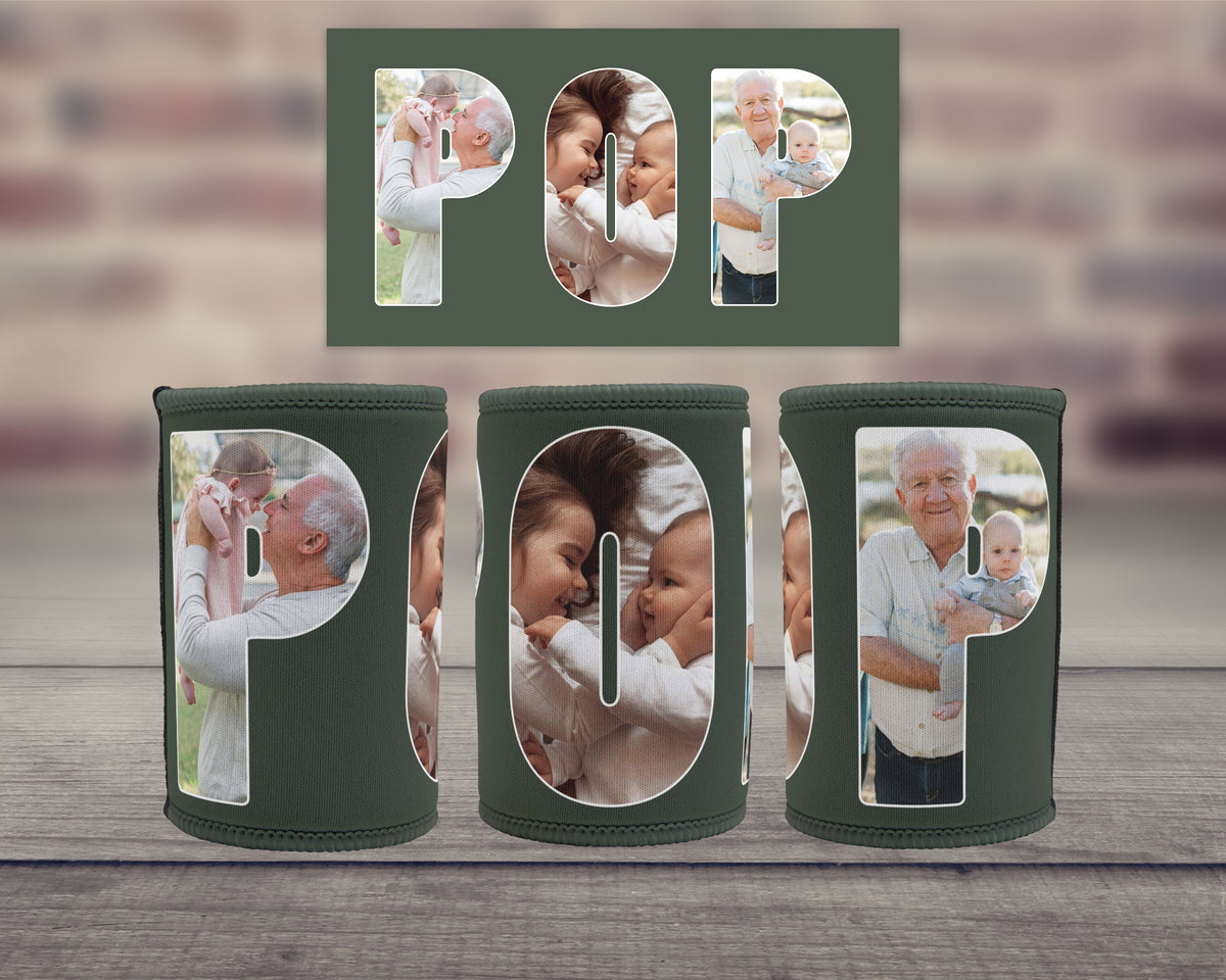 Three dark green photo can coolers on a wooden surface, with a matching rectangular cooler cover above them. Each cooler and cover feature large text spelling POP filled with family photos, set against a blurred brick wall background.