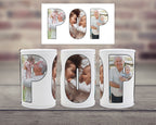 Three white can coolers with custom photo filled letter 'POP' are displayed on a wooden surface with a blurred brick wall background. Above them is a matching flat layout showing the full 'POP' design.