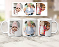 Three ceramic mugs with family photos within the letters spelling POP.