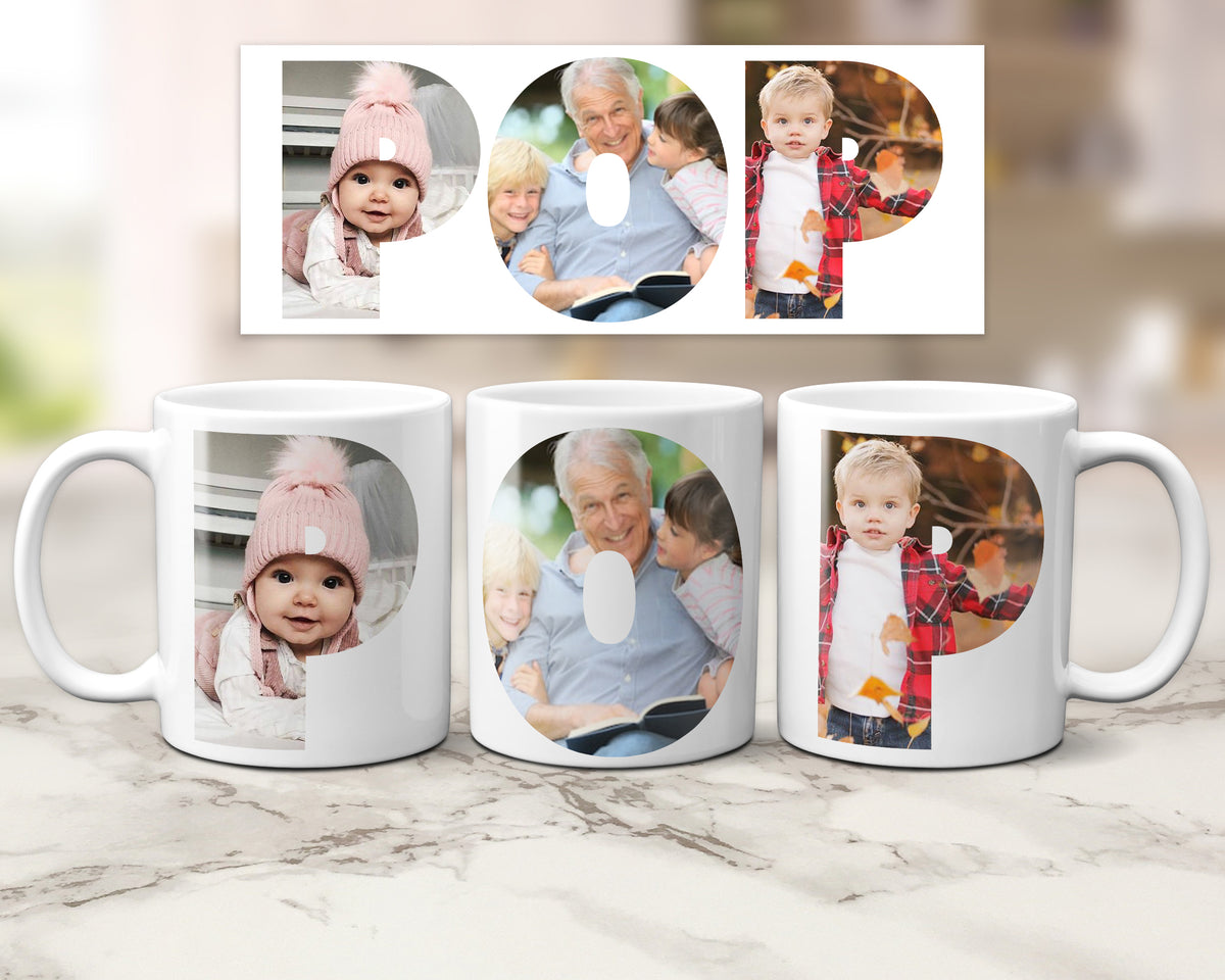 Three ceramic mugs with family photos within the letters spelling POP.