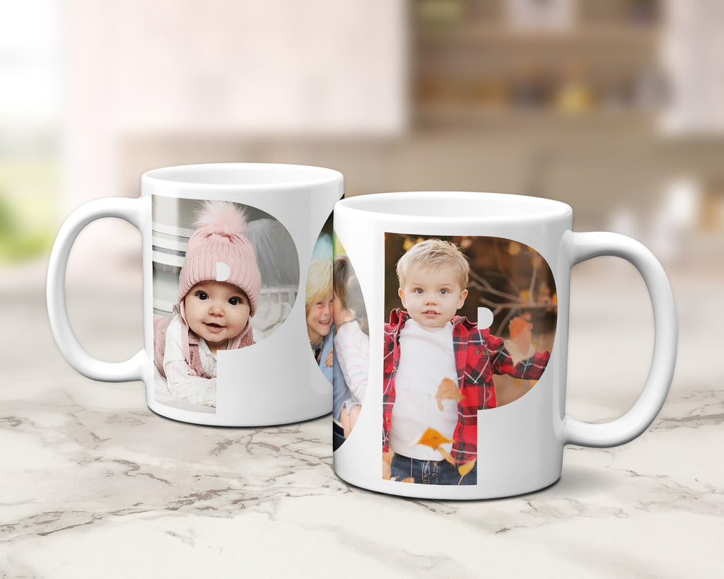 Two ceramic mugs with family photos within the letters spelling POP.