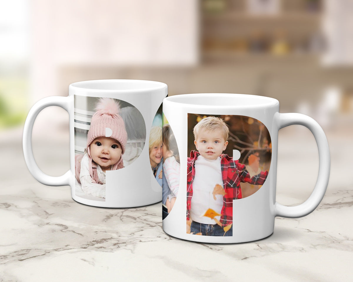 Two ceramic mugs with family photos within the letters spelling POP.