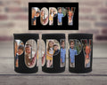 Three black can coolers with large text spelling POPPY with photos within the letters. 