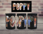 Three black can coolers with large text spelling POPPY with photos within the letters. 