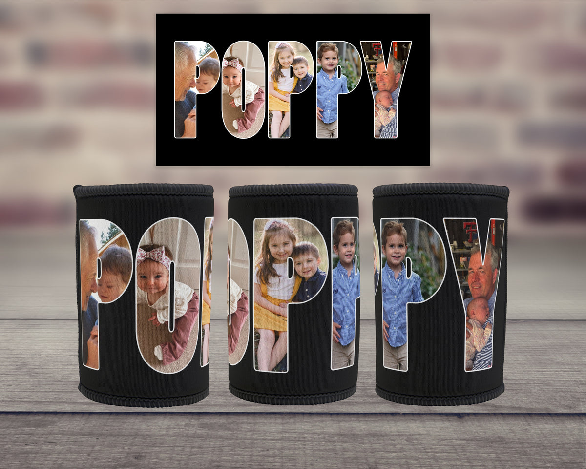 Three black can coolers with large text spelling POPPY with photos within the letters. 