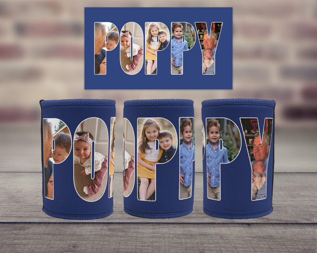 Three blue can coolers with large text spelling POPPY with photos of family within the letters.