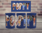 Three blue can coolers with large text spelling POPPY with photos of family within the letters.