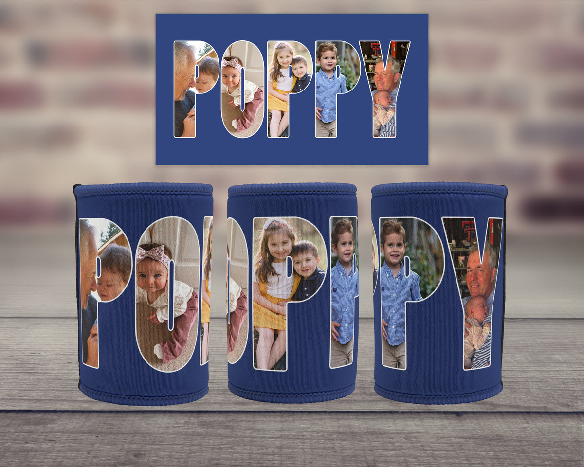 Three blue can coolers with large text spelling POPPY with photos of family within the letters.