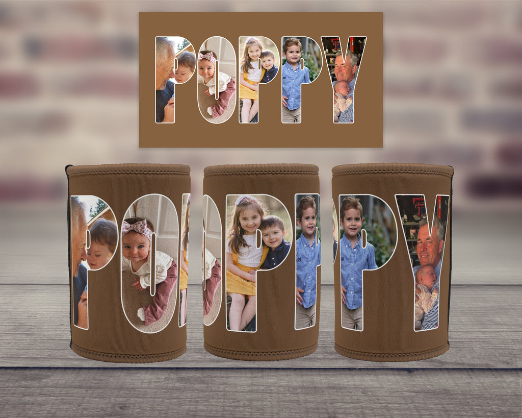 Three brown photo can coolers with the word 'POPPY' each showing a family photo inside the letter, displayed on a wooden surface with a blurred brick wall background. A matching rectangular card is shown above.