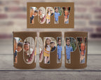 Three brown photo can coolers with the word 'POPPY' each showing a family photo inside the letter, displayed on a wooden surface with a blurred brick wall background. A matching rectangular card is shown above.