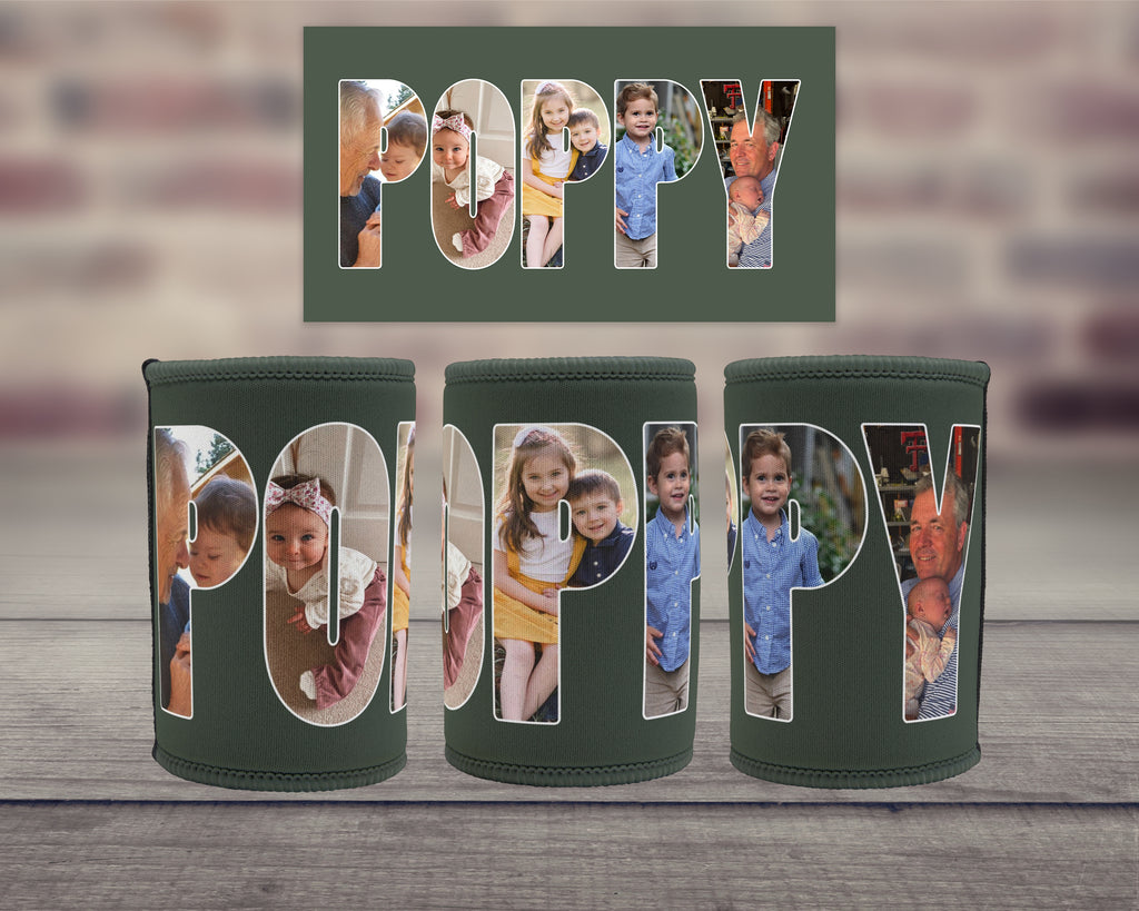 Three dark green neoprene can coolers with the name 'POPPY' spelled out in large letters, each filled with a different family photo, displayed on a wooden surface with a blurred brick wall background. A matching rectangular card is shown above the can coolers.