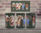 Three dark green neoprene can coolers with the name 'POPPY' spelled out in large letters, each filled with a different family photo, displayed on a wooden surface with a blurred brick wall background. A matching rectangular card is shown above the can coolers.