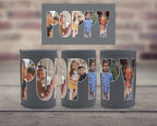 Three grey insulated can coolers with custom photo filled letters spelling 'POPPY' with photos of family within thee letters, displayed on a wooden surface with a blurred brick wall background. A matching rectangular card is shown above them.