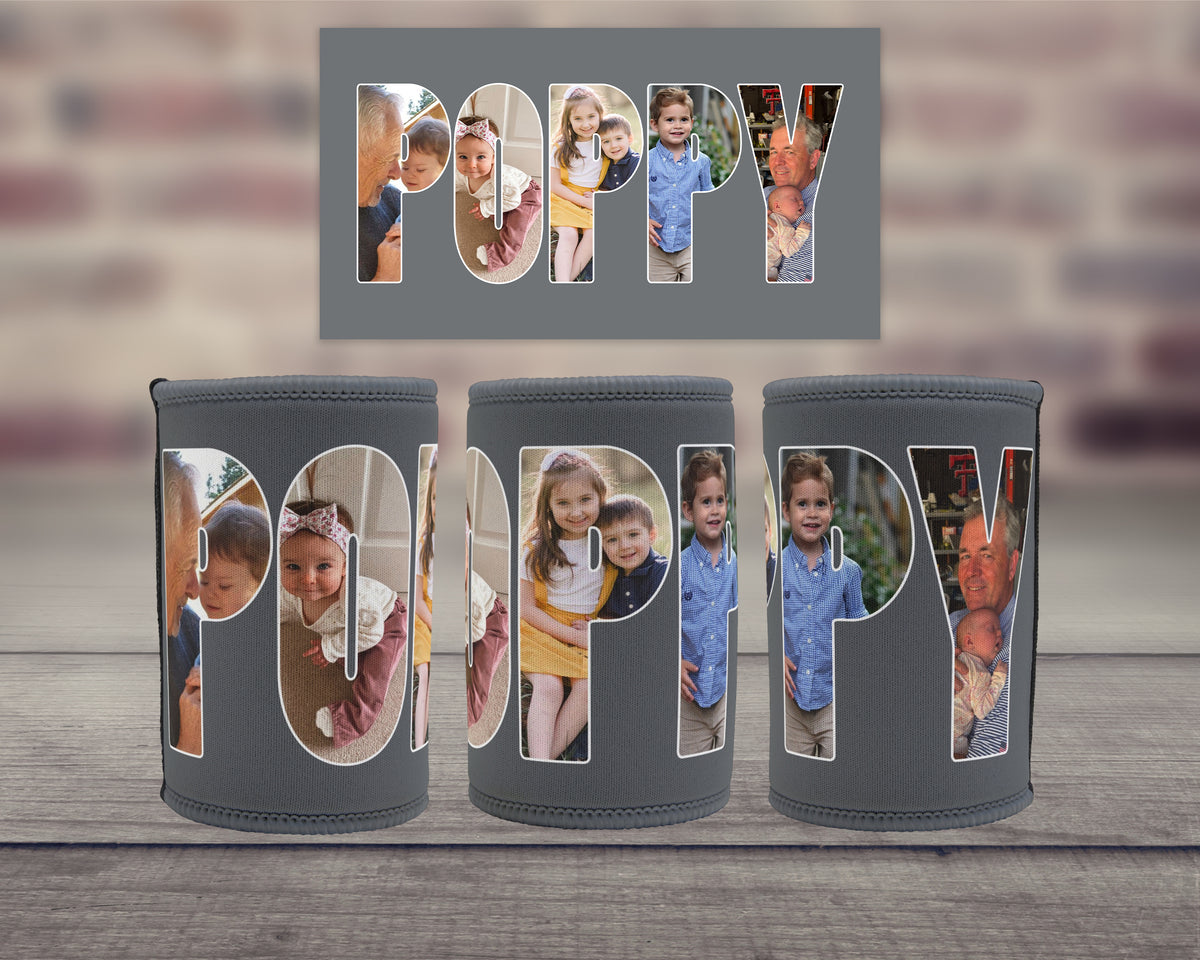Three grey insulated can coolers with custom photo filled letters spelling 'POPPY' with photos of family within thee letters, displayed on a wooden surface with a blurred brick wall background. A matching rectangular card is shown above them.