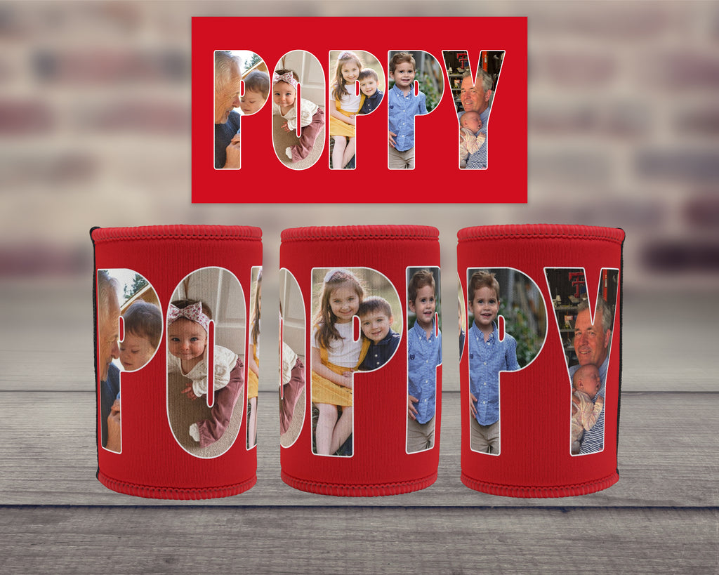 Three red can coolers with the word 'POPPY' spelled out in large letters, each letter filled with a different child photo, displayed on a wooden surface with a blurred brick wall background. A matching red square card with the name 'POPPY' is shown above.