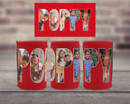 Three red can coolers with the word 'POPPY' spelled out in large letters, each letter filled with a different child photo, displayed on a wooden surface with a blurred brick wall background. A matching red square card with the name 'POPPY' is shown above.