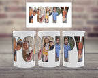Three white can coolers arranged on a wooden surface with a blurred brick wall background. Each cooler has a large letters spelling out the word 'POPPY' with photos within each letter.